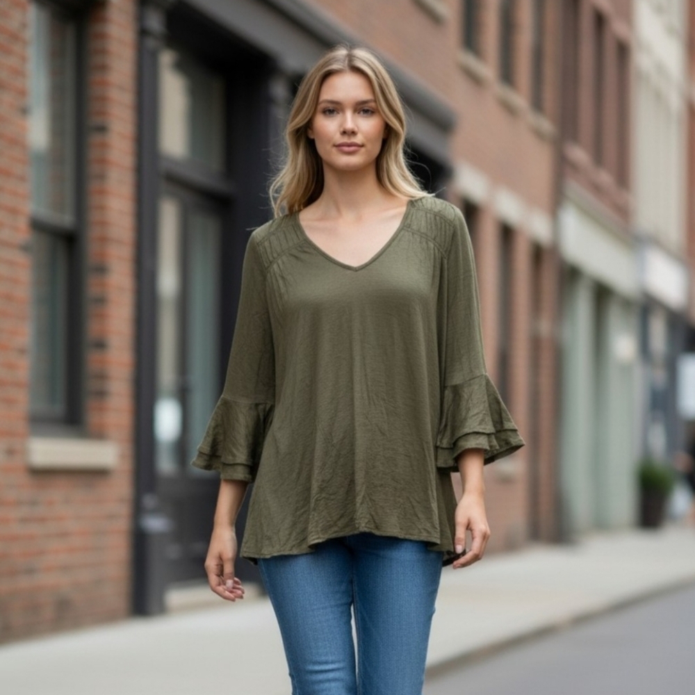American Rag Juniors Olive Ruched Bell Sleeve Blouse large women's